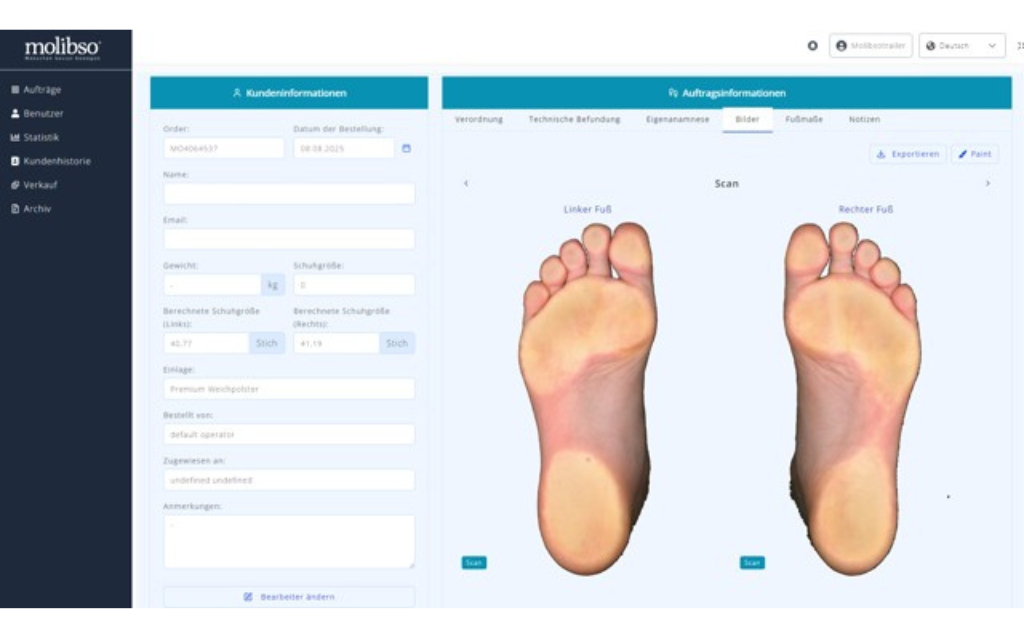 InsolePro - Bestelldetails inkl. Scanbildern